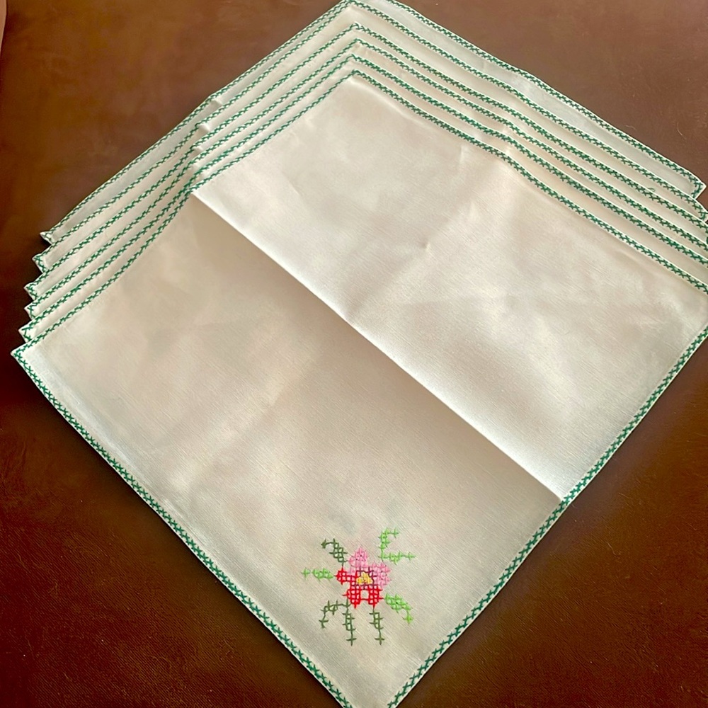 Made In Italy Embroidered Flower Linen Cotton Napkins Doilies Cream Set 6 New